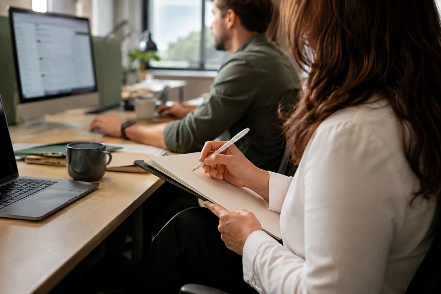 Beraterin nimmt vor Ort in einem Büro Notizen auf